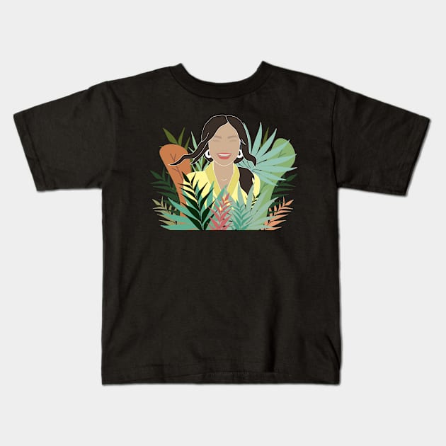 Laughing girl and big multicolored leaves Kids T-Shirt by Nataliia1112